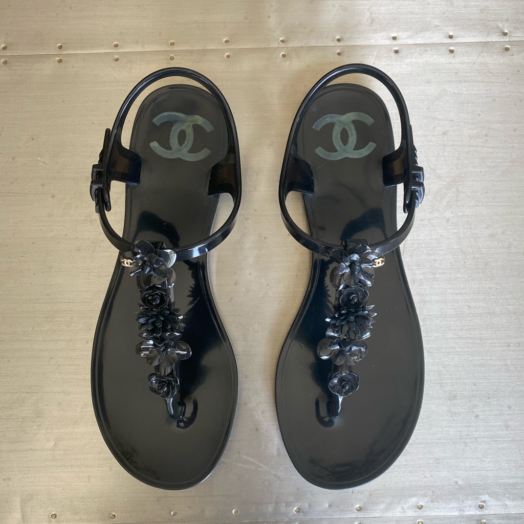Chanel Black Camelia Logo Sandal Thong Flats Pvc Sz 39
